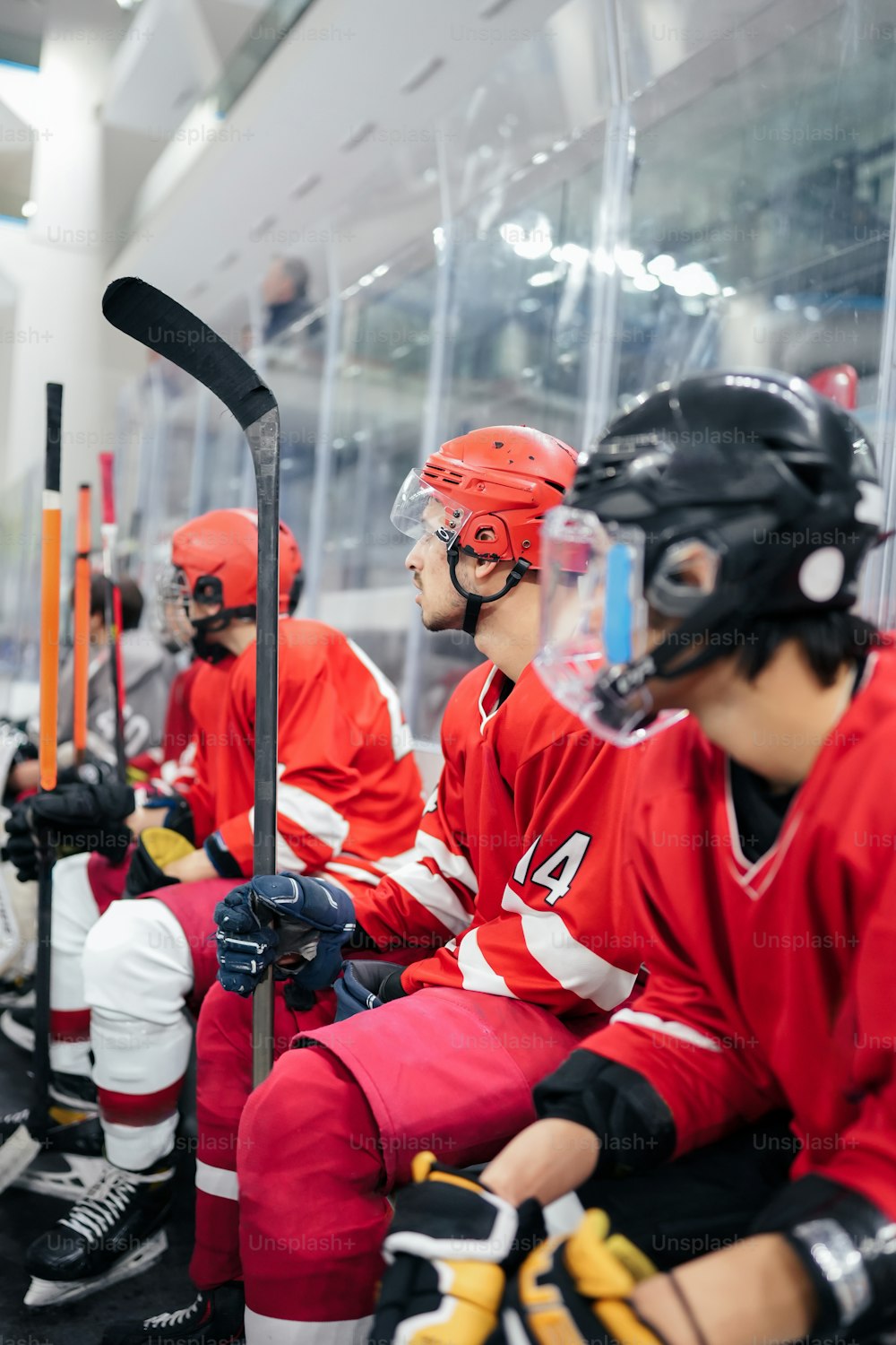 Un grupo de jugadores de hockey sentados uno al lado del otro
