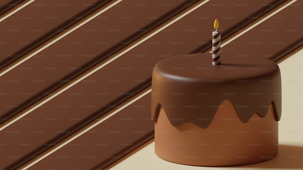 um bolo de chocolate com uma única vela sobre ele