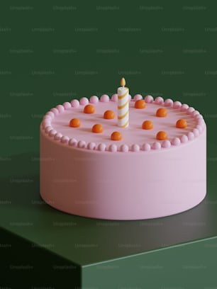 a pink cake with a single candle on top of it