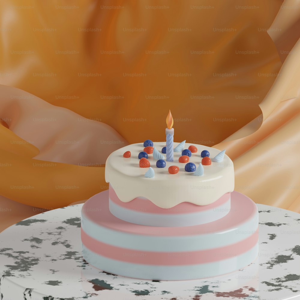 a birthday cake with a lit candle on top of it