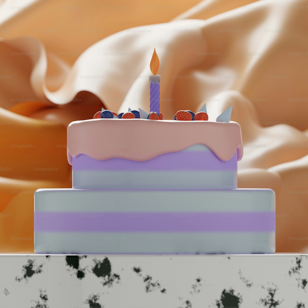 Un pastel de tres capas con una vela encima