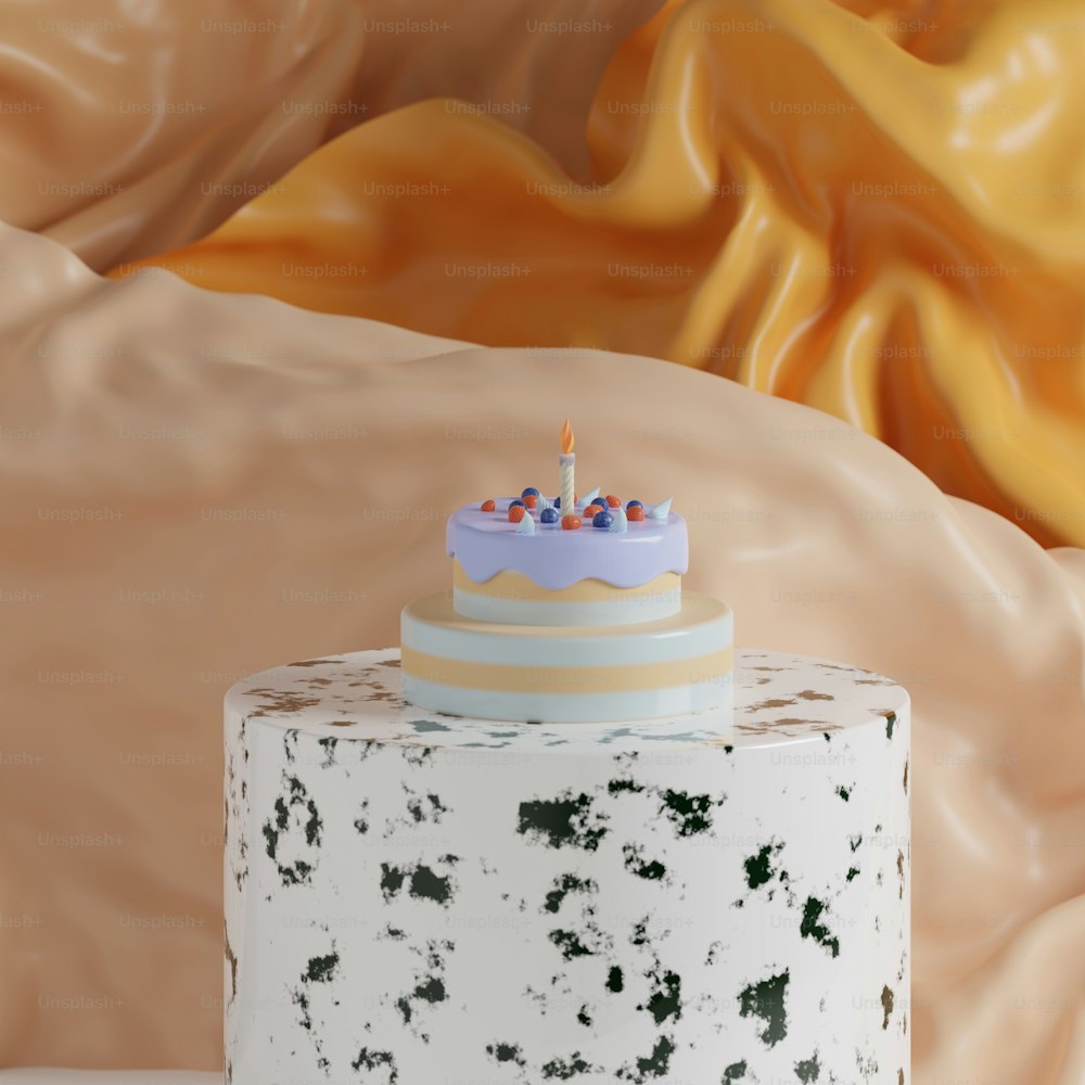 un pastel blanco con una sola vela encima
