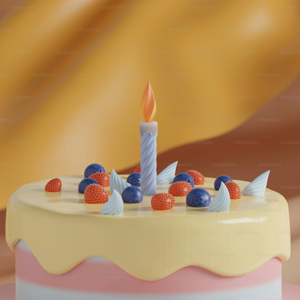 a cake with a candle and berries on it
