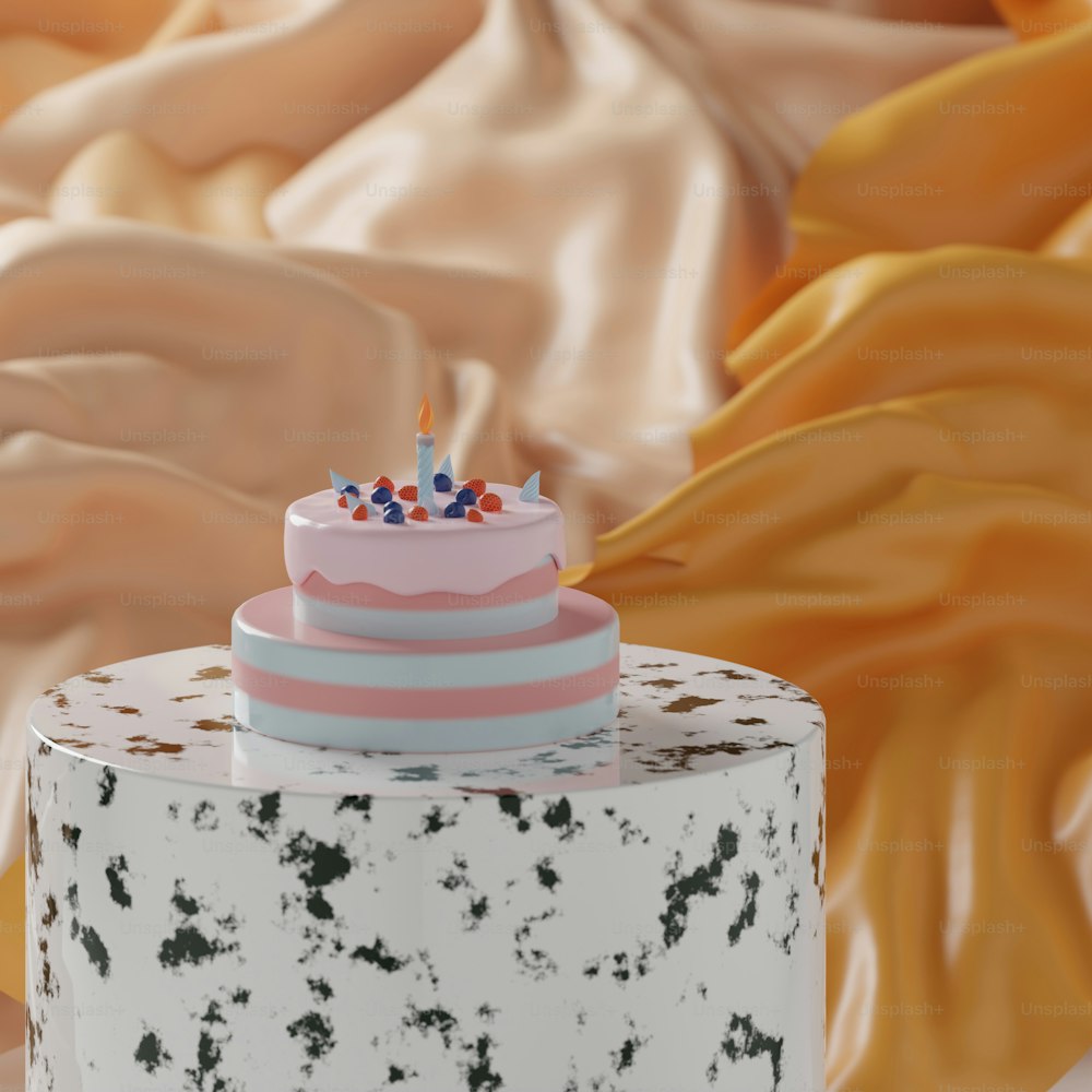 um bolo branco com cobertura rosa e polvilhos