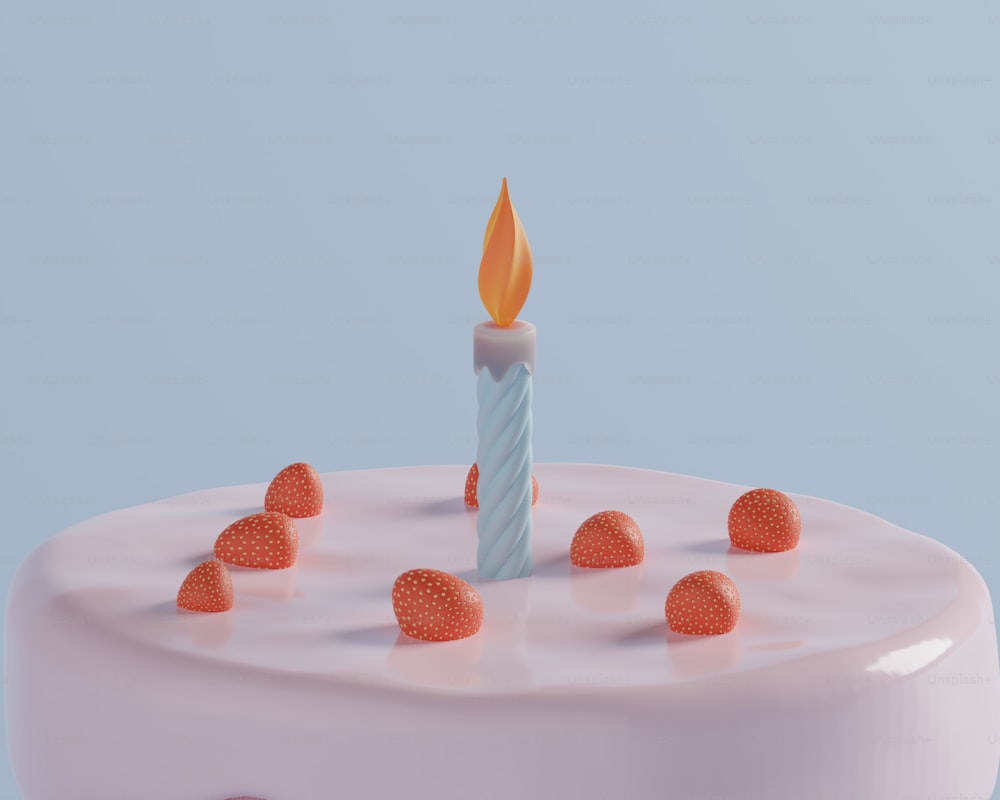 a birthday cake with a single lit candle surrounded by small candies