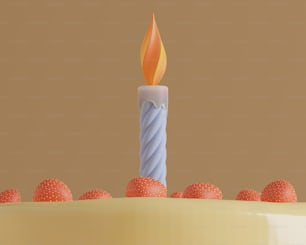 a birthday cake with a lit candle surrounded by strawberries