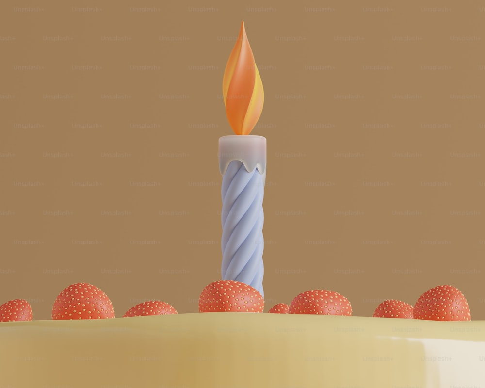 eine Geburtstagstorte mit brennender Kerze umgeben von Erdbeeren