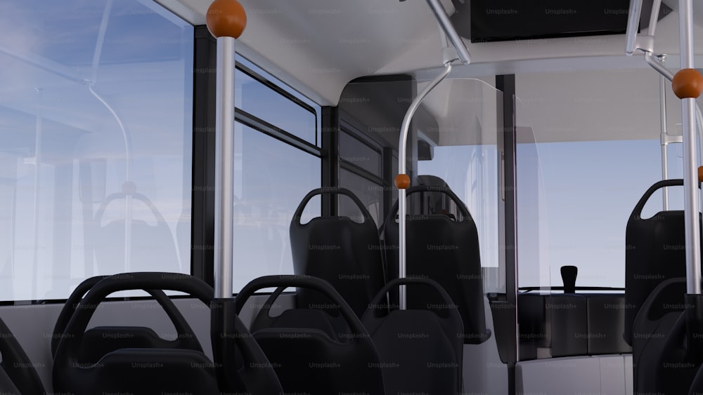 the interior of a bus with empty seats