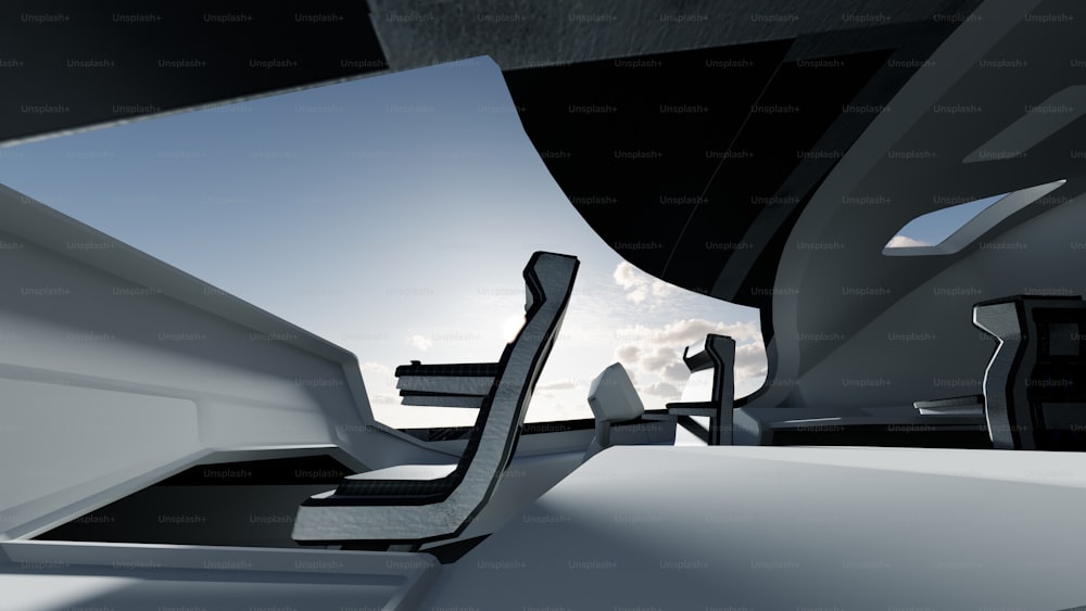 the interior of a futuristic vehicle with the sun in the background