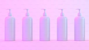a row of white bottles with soap dispensers on a pink background