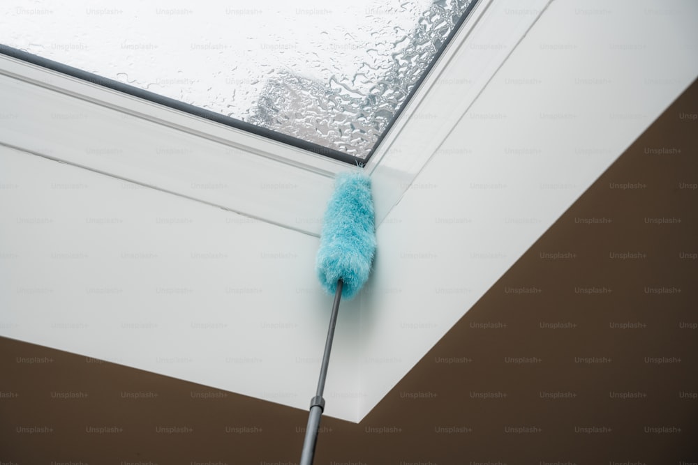 a blue mop on the side of a window sill