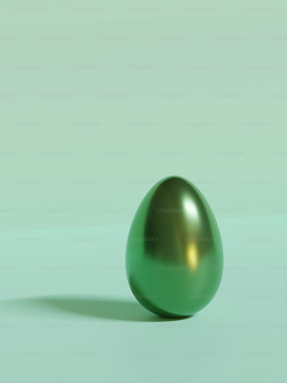 Un huevo verde brillante sobre un fondo verde pálido