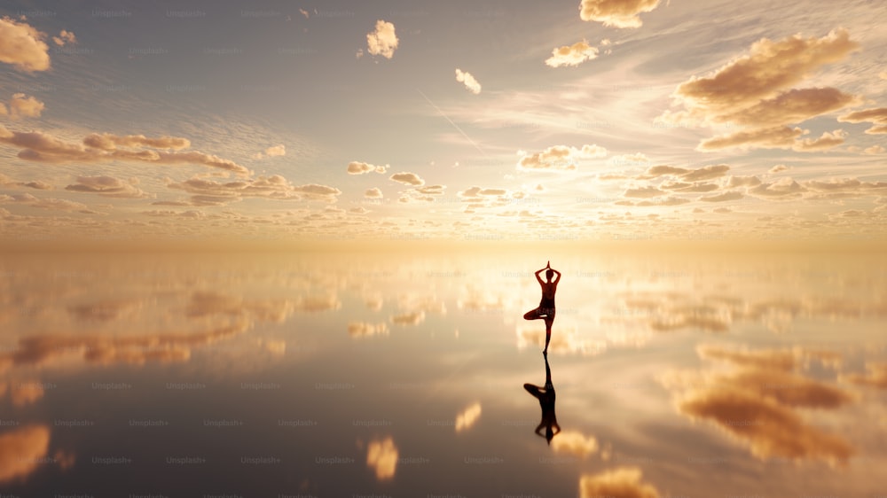 une personne faisant du yoga au milieu d’un plan d’eau