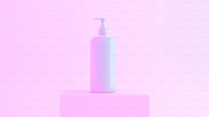 a white bottle sitting on top of a pink block