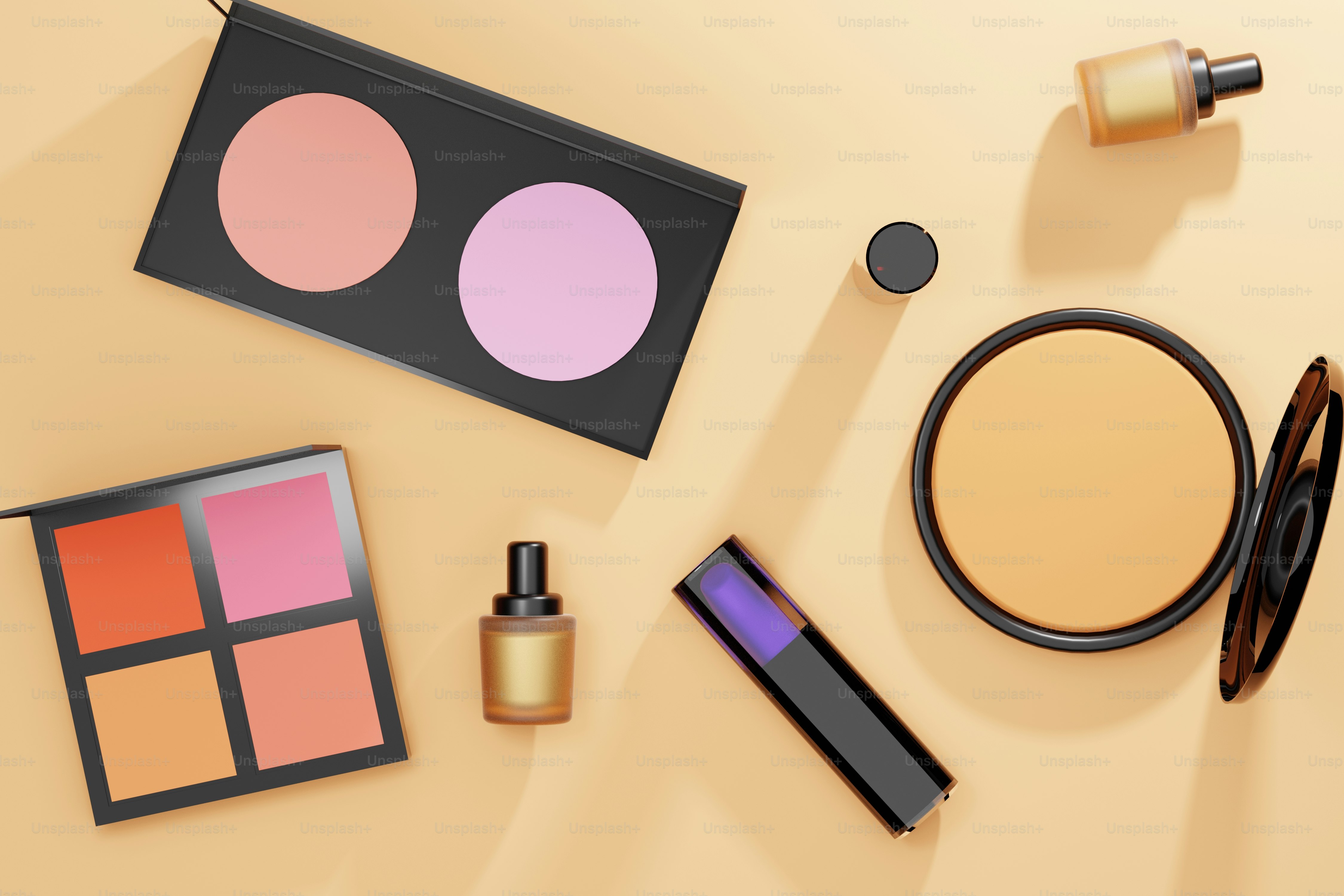 a table topped with cosmetics and makeup products