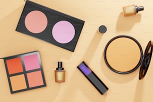 a table topped with cosmetics and makeup products