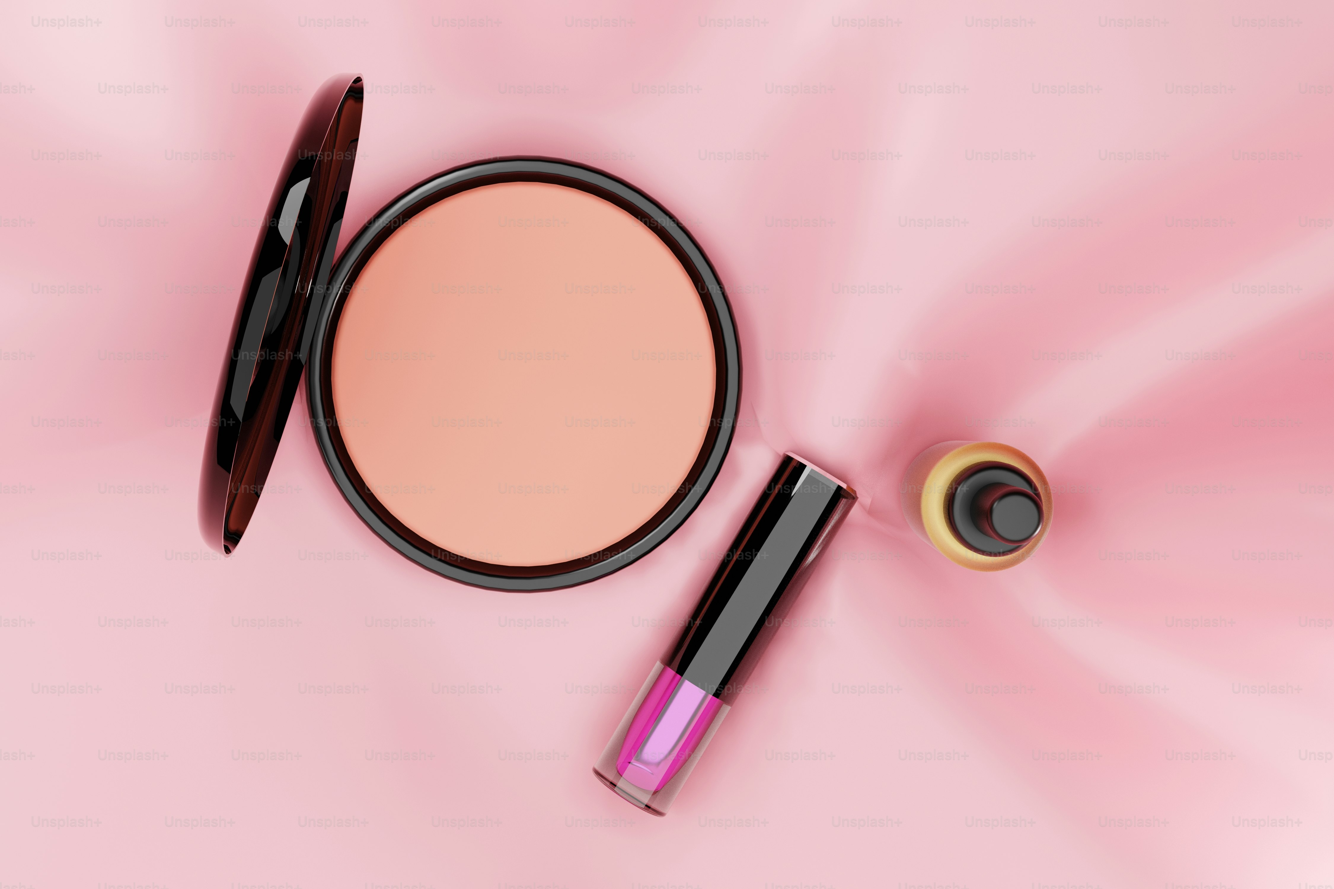 a pink background with a mirror, lipstick, and a brush