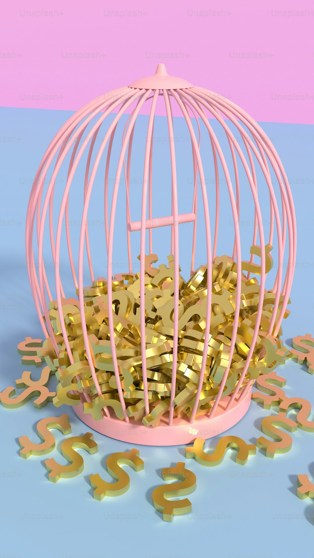 a pink cage filled with gold letters on a blue and pink background