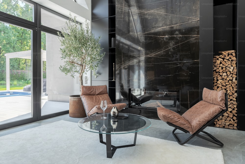 a living room filled with furniture and a fire place