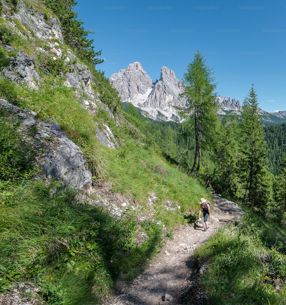 two people hiking up a trail in the mountains