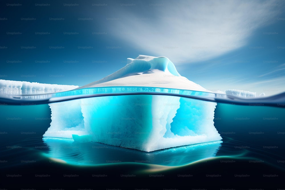 an iceberg floating in the water with a sky background