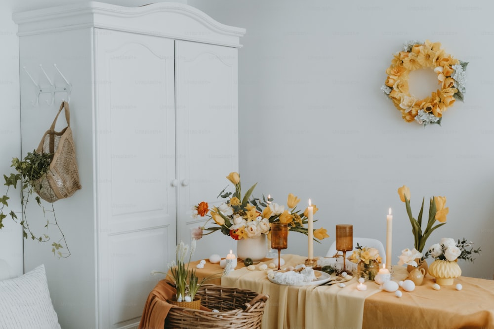 a table with a bunch of flowers on it