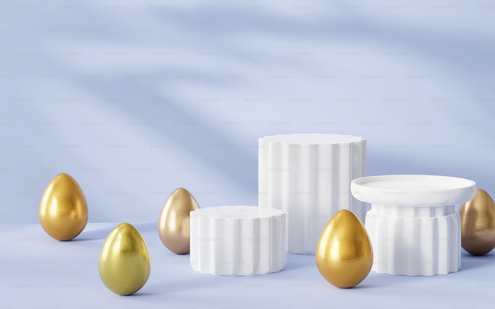 a group of gold and white eggs sitting next to each other