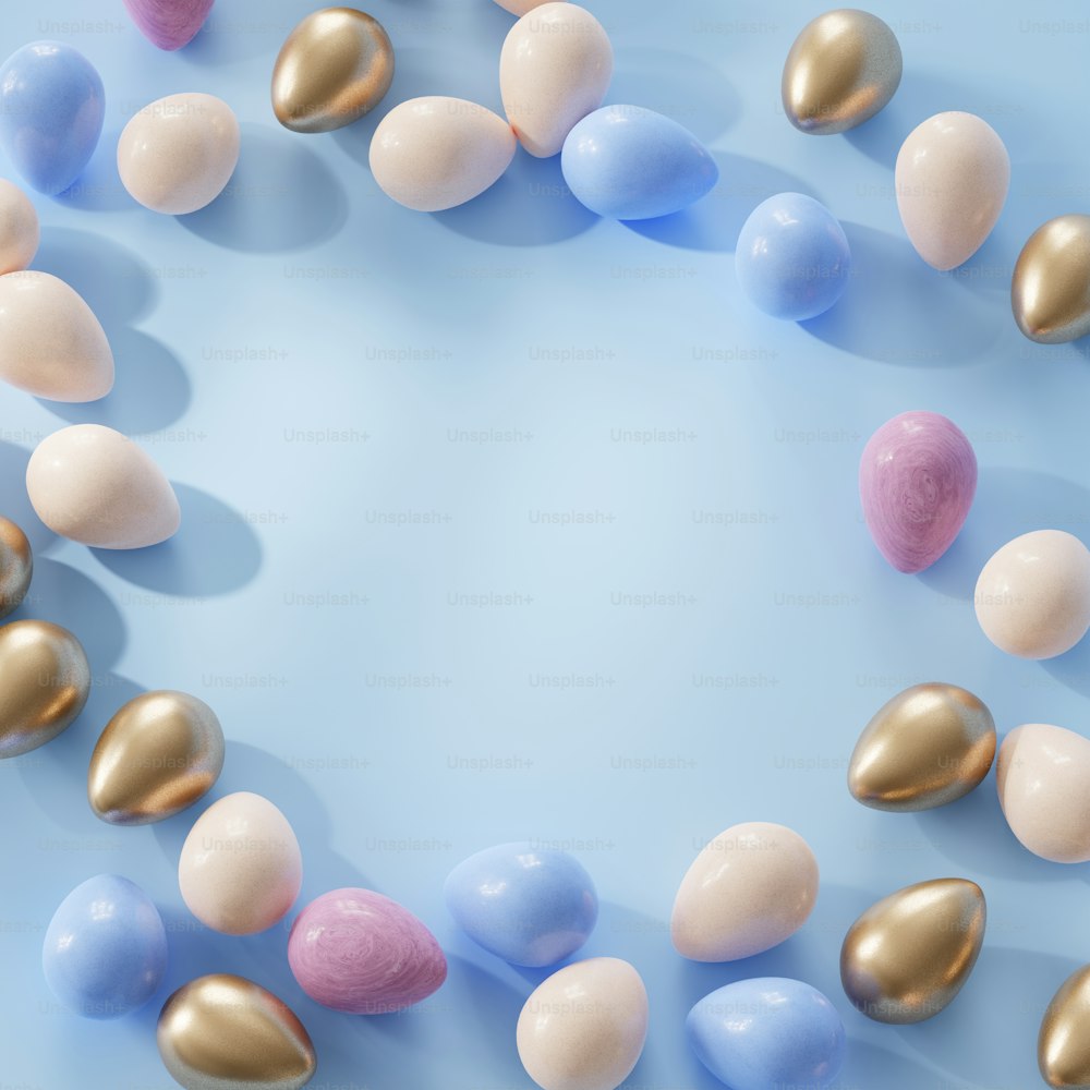 a circle of candy eggs on a blue background