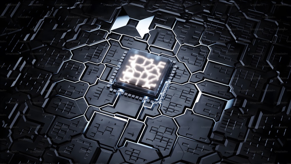 Una foto in bianco e nero di un chip per computer