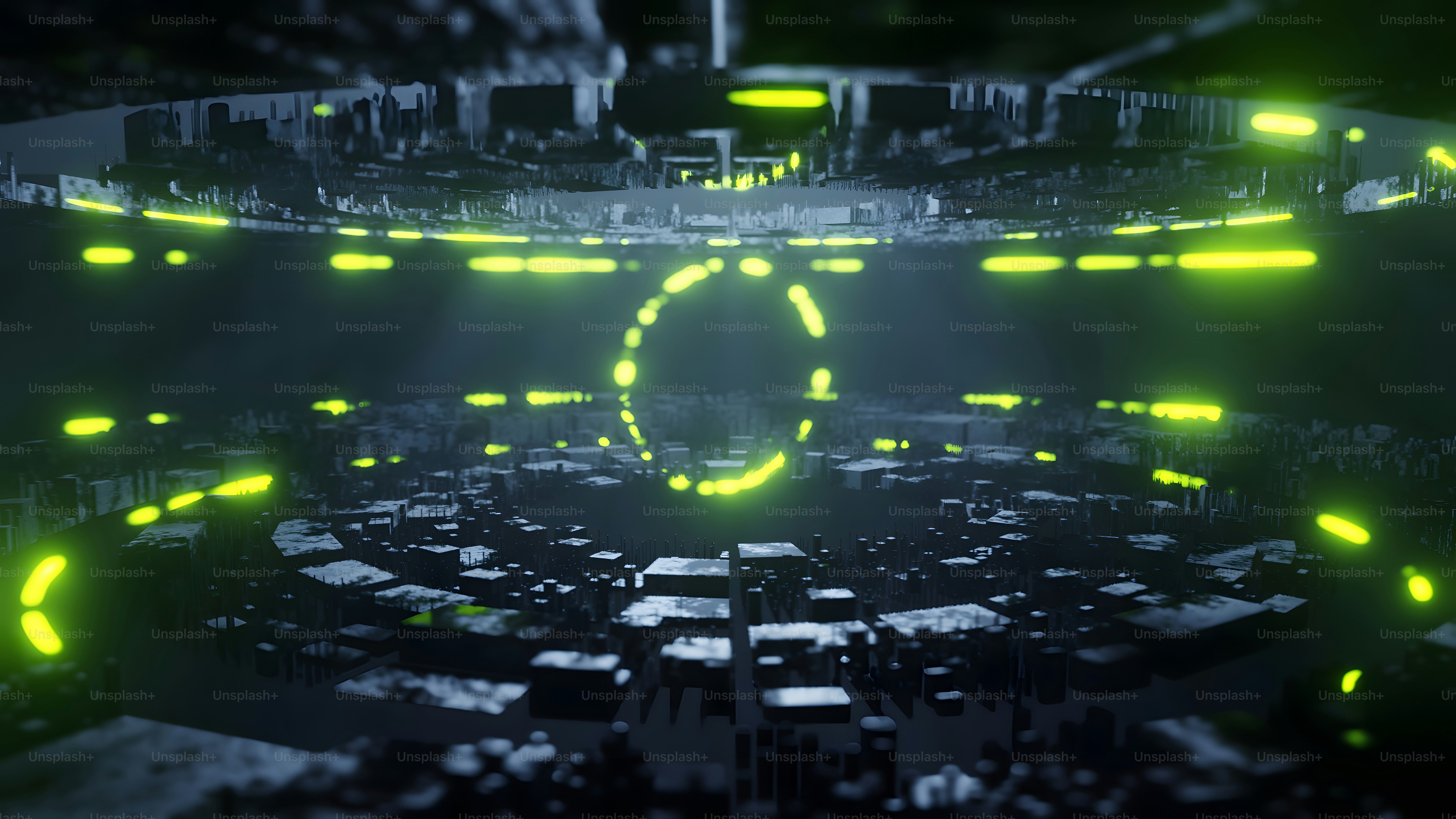 緑色の円を持つ未来的な宇宙ステーション