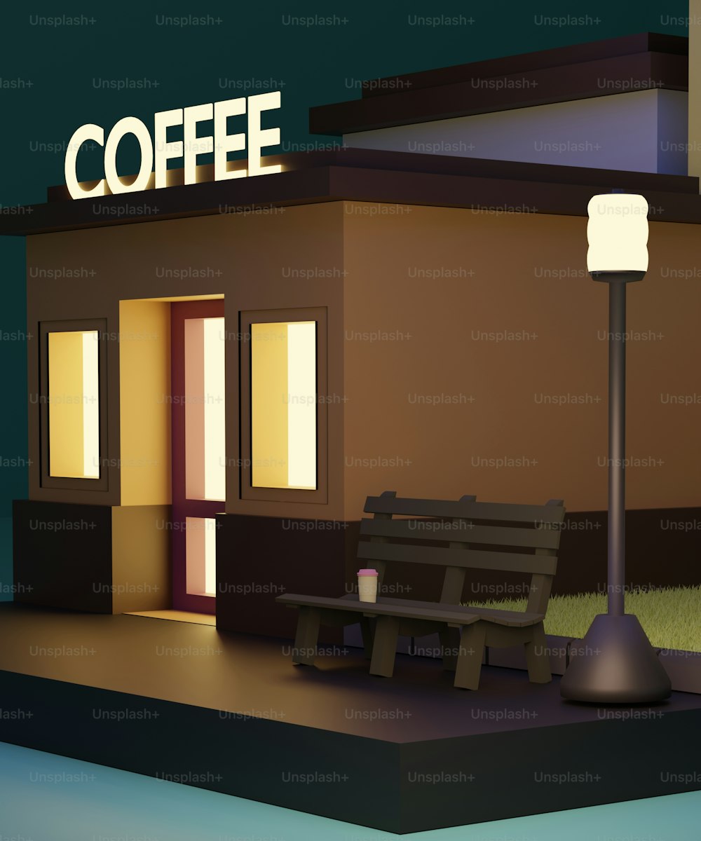 um banco sentado em frente a um café