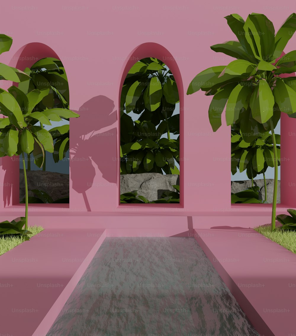 a pink room with a pool and palm trees