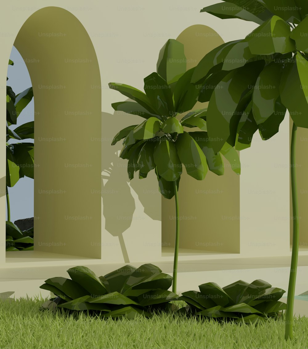 a 3d rendering of a tropical scene with a palm tree