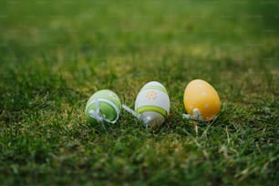 three easter eggs sitting on top of a lush green field