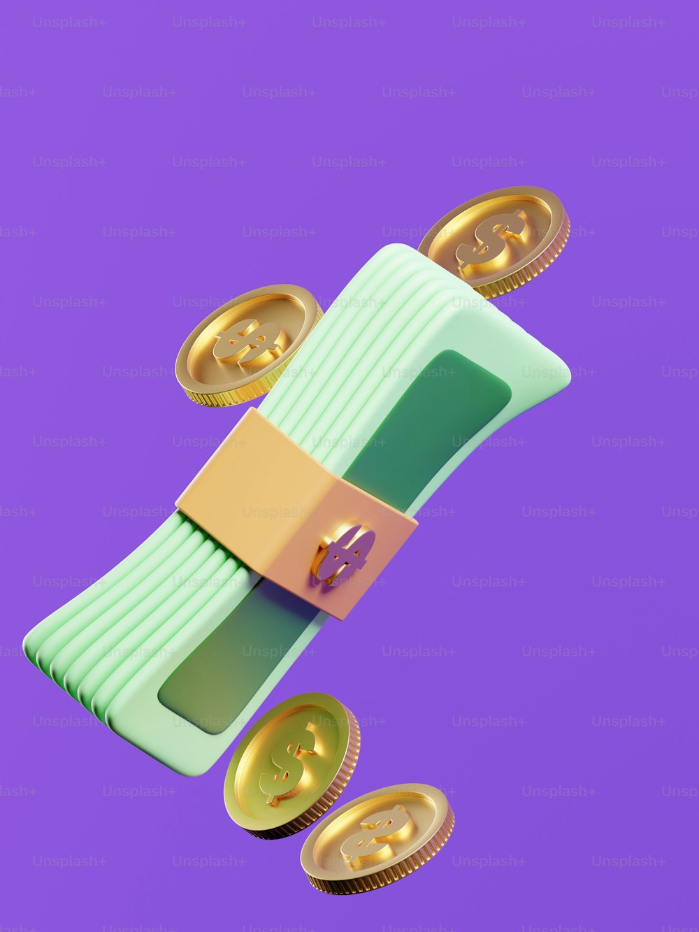 a roll of money with some coins coming out of it
