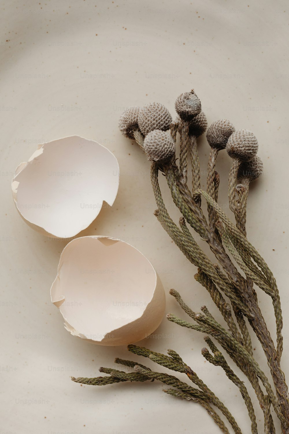 a white plate topped with three eggs and some plants