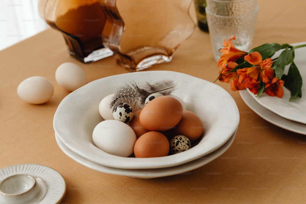 a bowl of eggs sitting on top of a table