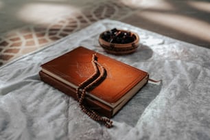 Un libro marrone seduto sopra un letto accanto a una ciotola di uvetta