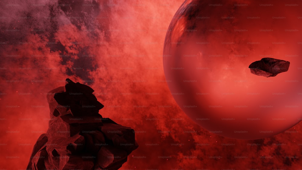 a red and black picture of a planet and a rock