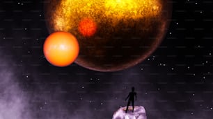 Un homme debout au sommet d’un iceberg à côté d’une boule orange géante
