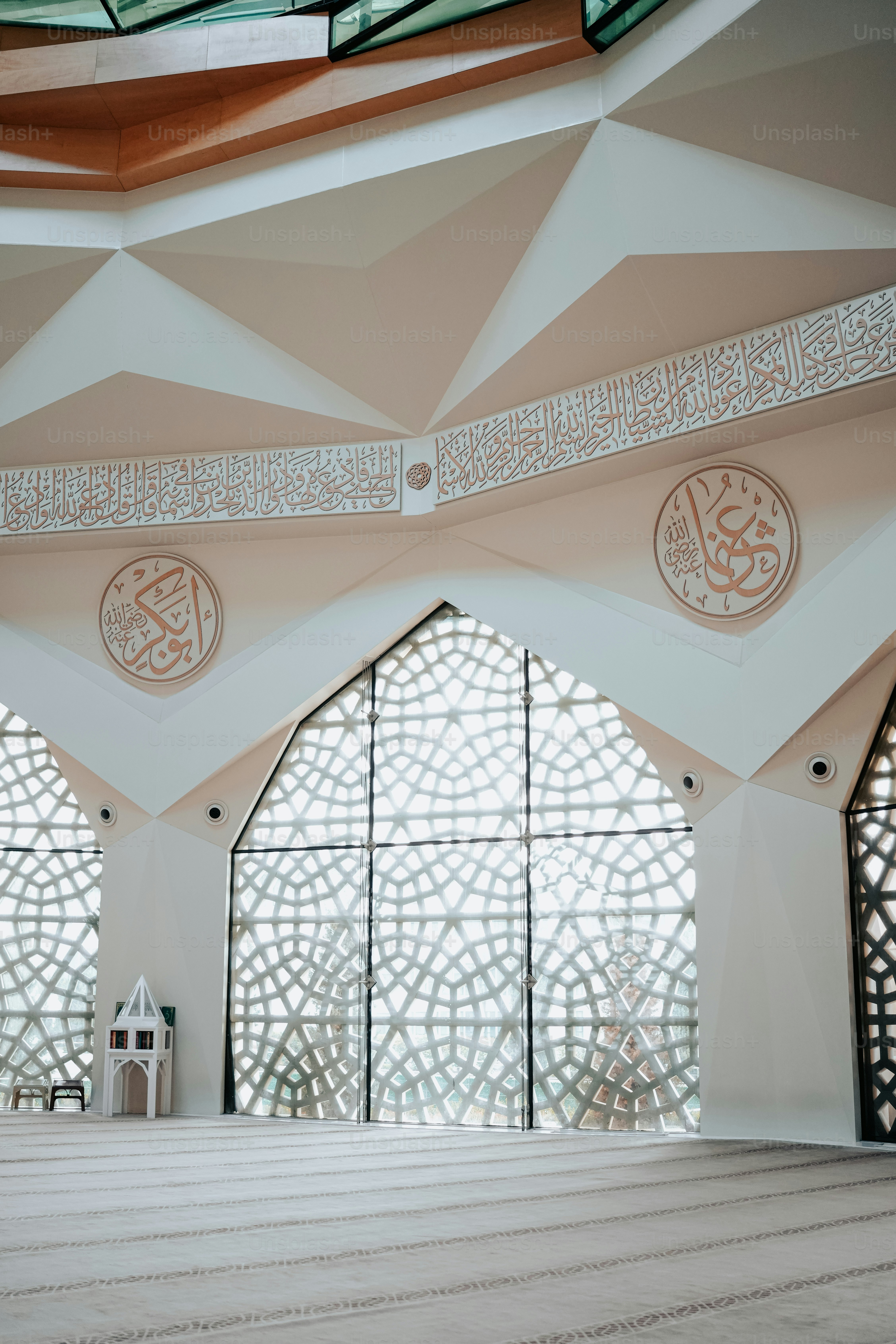 the inside of a building with a large window
