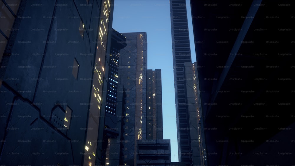 a view of a very tall building in the city at night