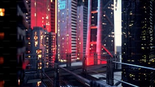 a futuristic city at night with red and yellow lights