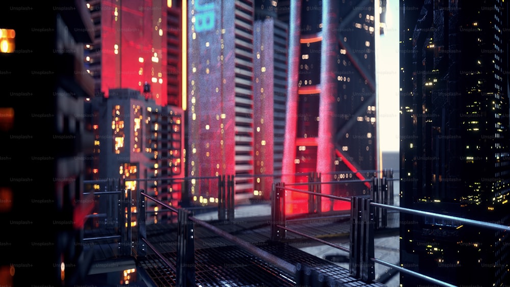uma cidade futurista à noite com luzes vermelhas e amarelas