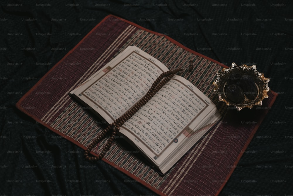 an open book sitting on top of a mat