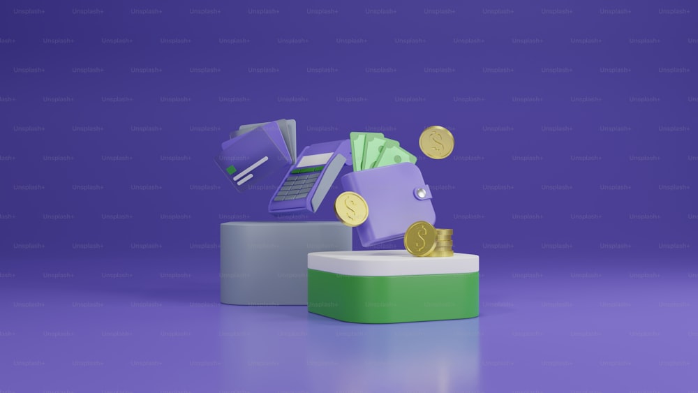 a purple and green object with coins coming out of it