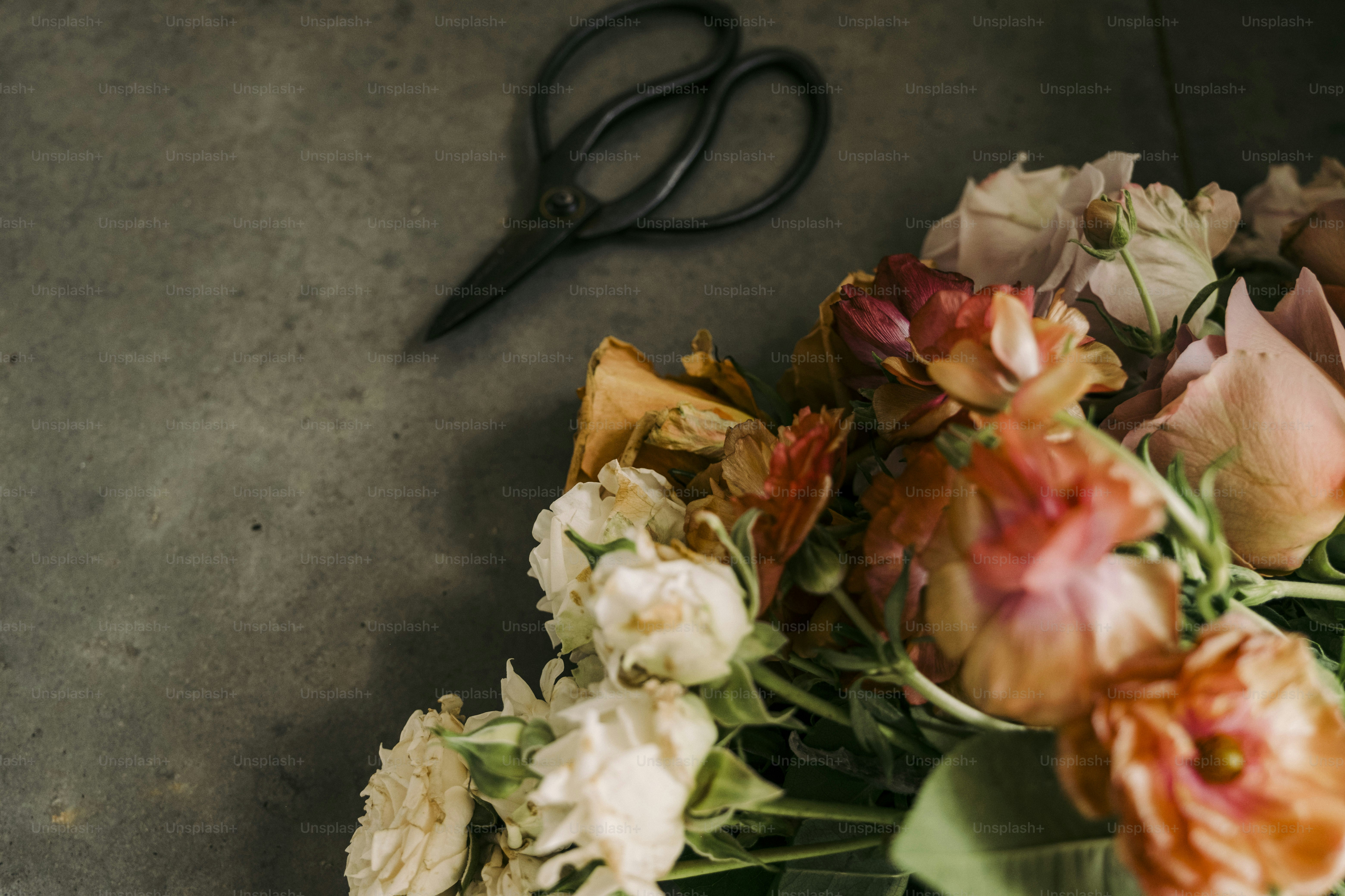 Ein Blumenstrauß sitzt neben einer Schere