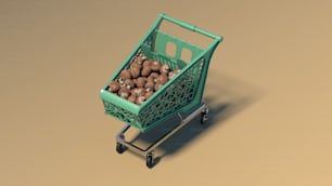 a green shopping cart filled with potatoes on a brown background