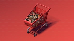 Un carrito de compras rojo lleno de monedas sobre un fondo rojo