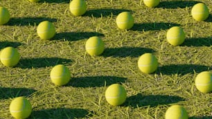 a group of tennis balls sitting on top of a grass covered field